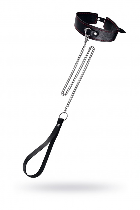 Кожаный двухслойный ошейник с красной строчкой и поводком - Pecado - купить с доставкой в Петрозаводске