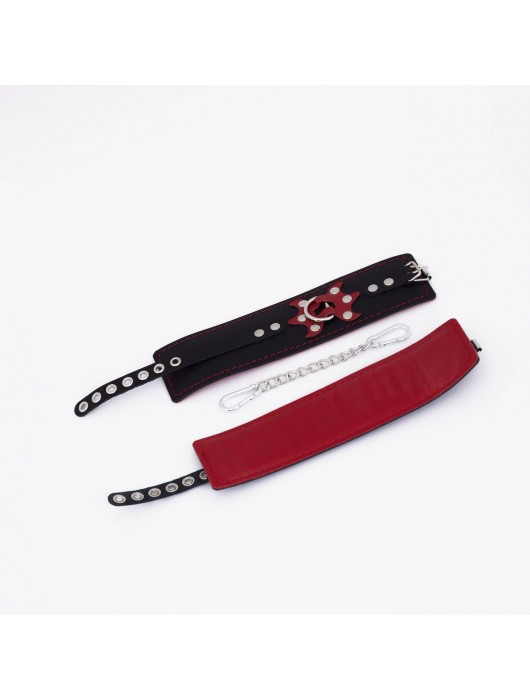 Черные кожаные оковы с красным декором и строчкой - Crazy Handmade - купить с доставкой в Петрозаводске