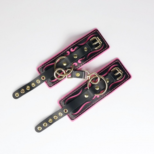 Черные кожаные наручники с розовой строчкой - Crazy Handmade - купить с доставкой в Петрозаводске