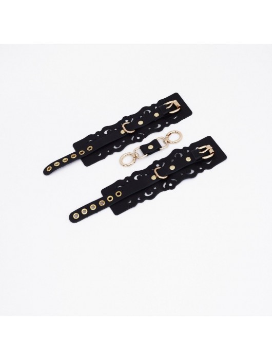 Черные кожаные наручники с узорами и золотистой фурнитурой - Crazy Handmade - купить с доставкой в Петрозаводске