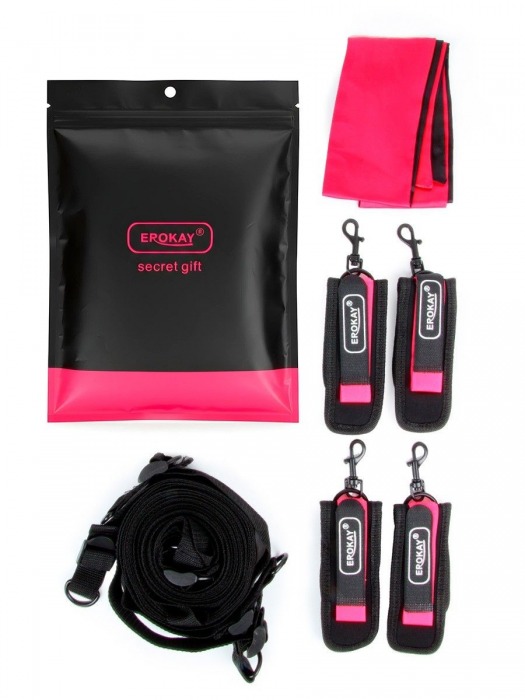 Черно-розовый эротический набор: фиксатор, оковы, наручники, повязка - Erokay - купить с доставкой в Петрозаводске