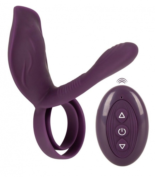 Фиолетовая насадка на член с клиторальным отростком и пультом ДУ RC Couple’s Vibrator 2 - Orion - в Петрозаводске купить с доставкой